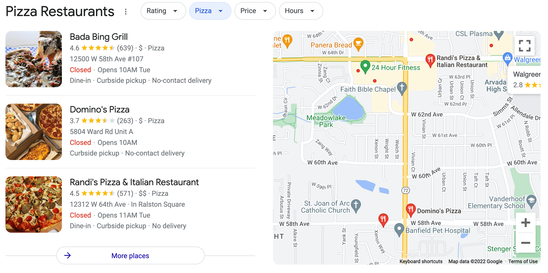 Google Maps local business results showing Products