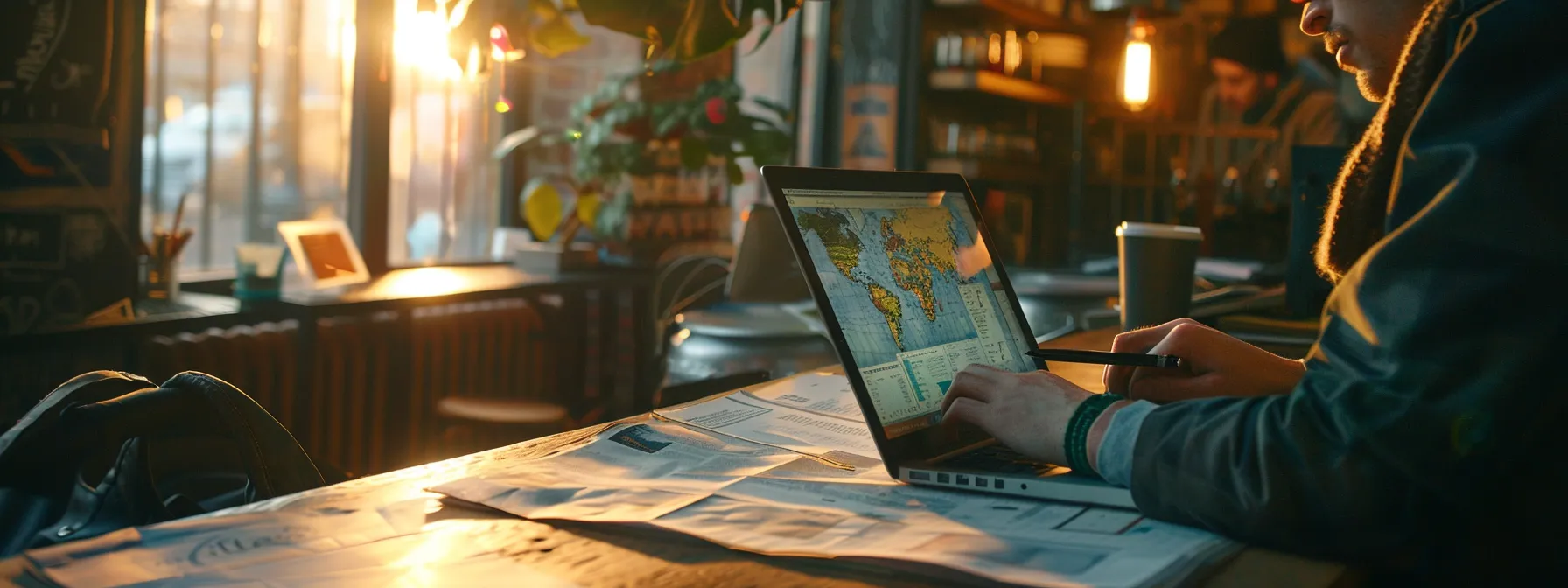 A person conducting keyword research on a laptop in a coffee shop, surrounded by maps and notes