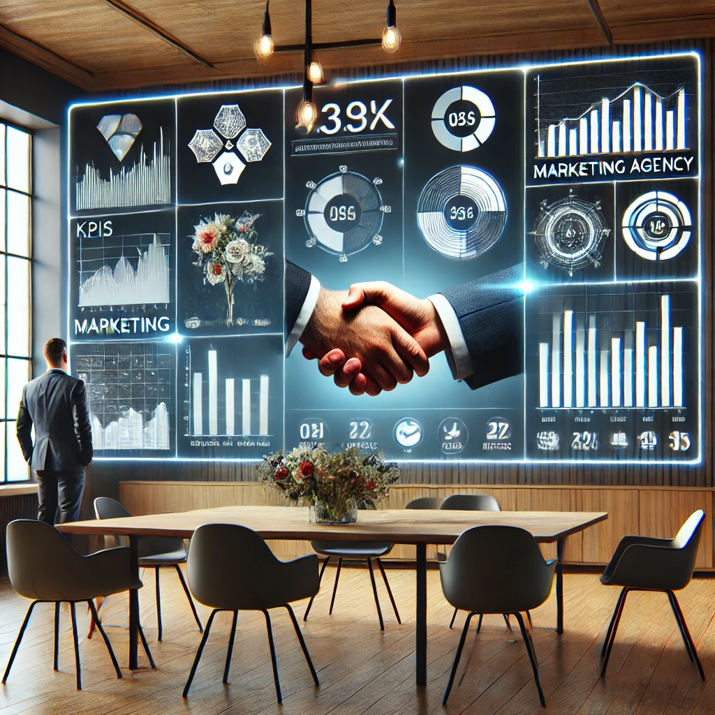 A business meeting room with a digital dashboard displaying marketing metrics, featuring a handshake between a client and a marketing agency representative, symbolizing alignment and collaboration.