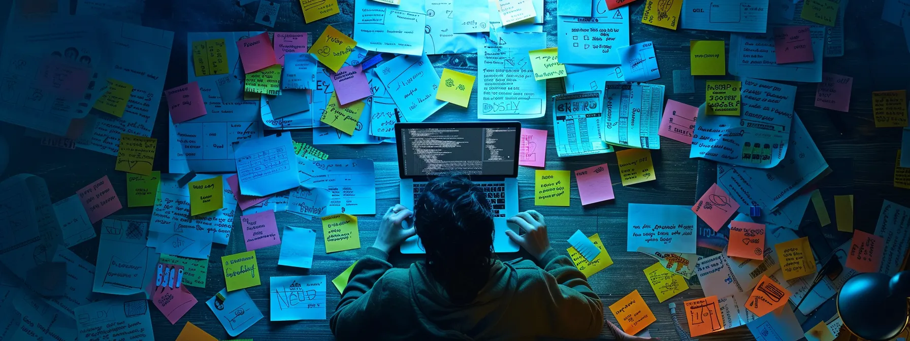 a person sitting at a desk surrounded by colorful sticky notes with various long-tail keywords written on them, focused and typing on a laptop.