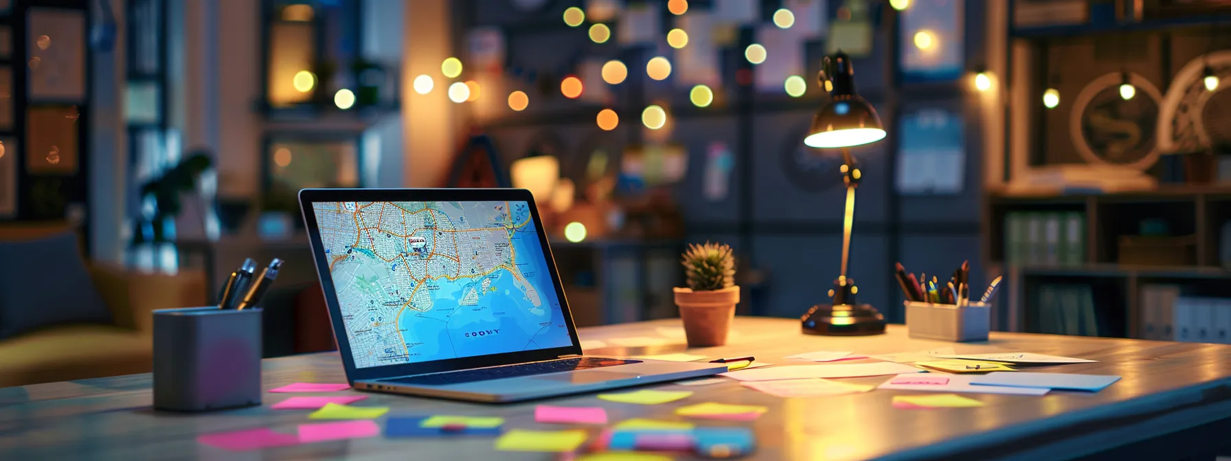 a laptop on a desk with a map in the background showing local landmarks, surrounded by sticky notes with location-based keywords and business listings.