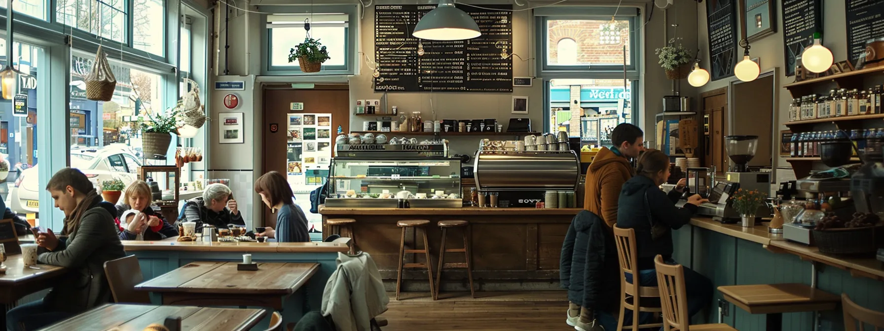 a bustling local coffee shop filled with customers engrossed in reading a vibrant and informative blog displayed on a digital screen.