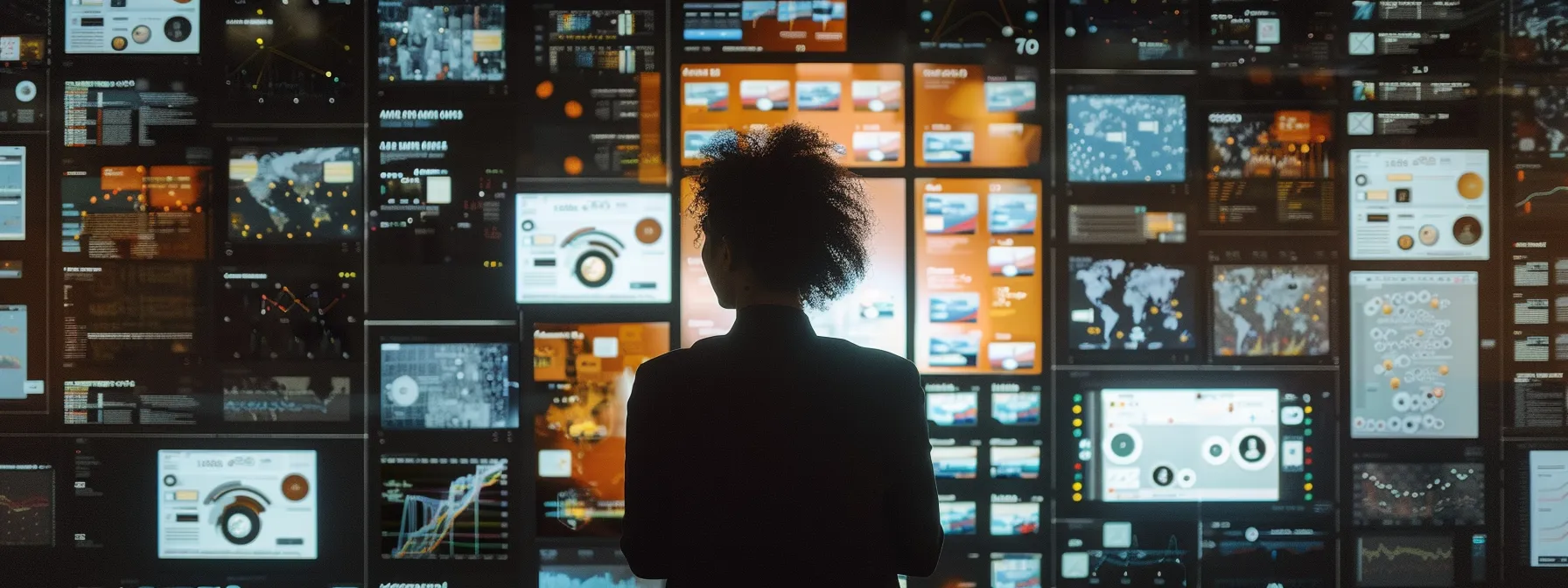 a person surrounded by various screens showing keyword research tools, google suggestions, competitor keywords, and social media discussions.