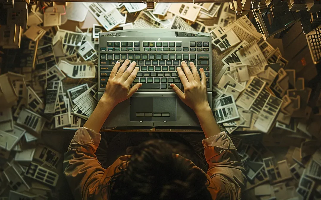 a person typing on a laptop keyboard, surrounded by a pile of keys labeled with long-tail keywords.