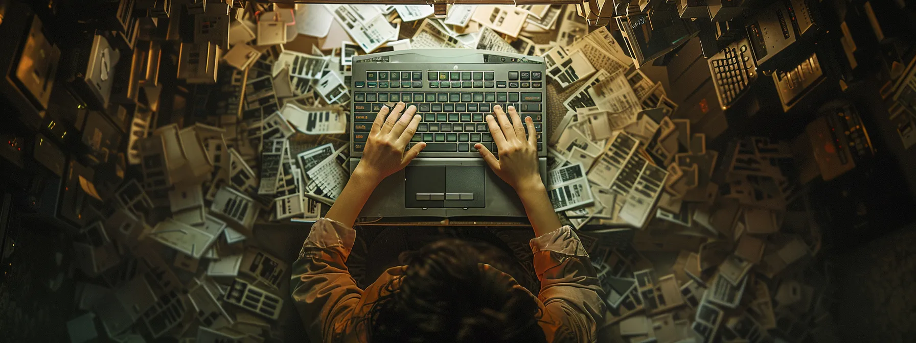 a person typing on a laptop keyboard, surrounded by a pile of keys labeled with long-tail keywords.