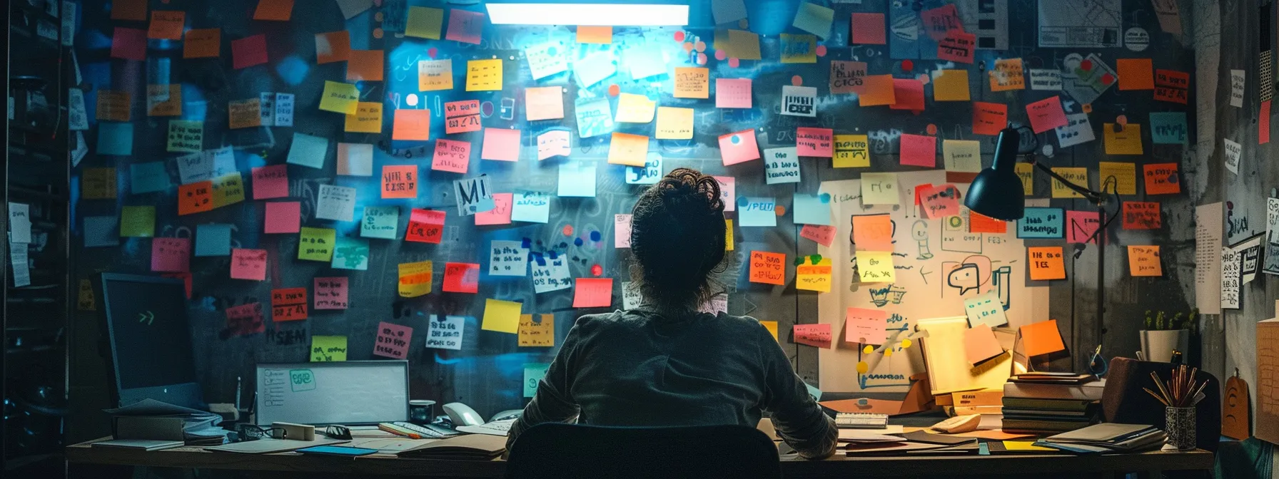 a person sitting at a desk surrounded by colorful sticky notes with various local keywords written on them.