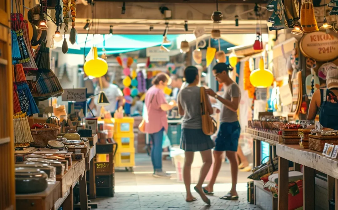 capturing a bustling crafting market with vibrant displays of handmade goods and local business owners engaging with customers.