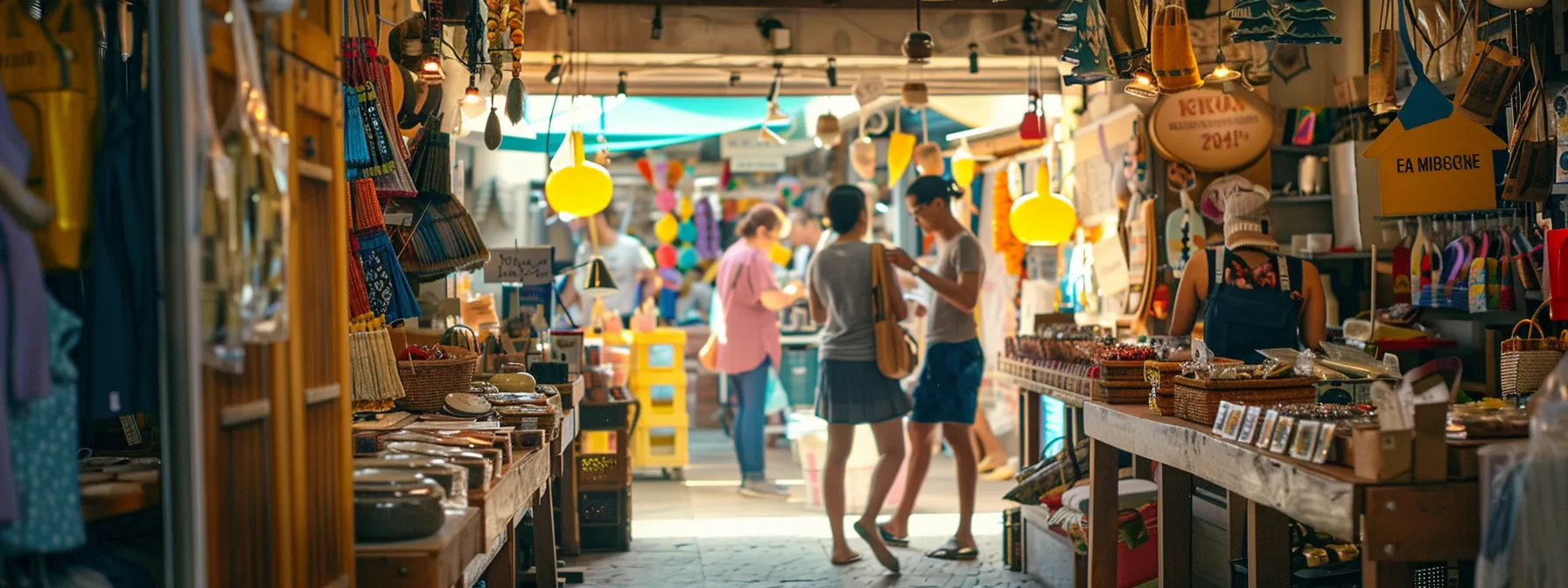 capturing a bustling crafting market with vibrant displays of handmade goods and local business owners engaging with customers.