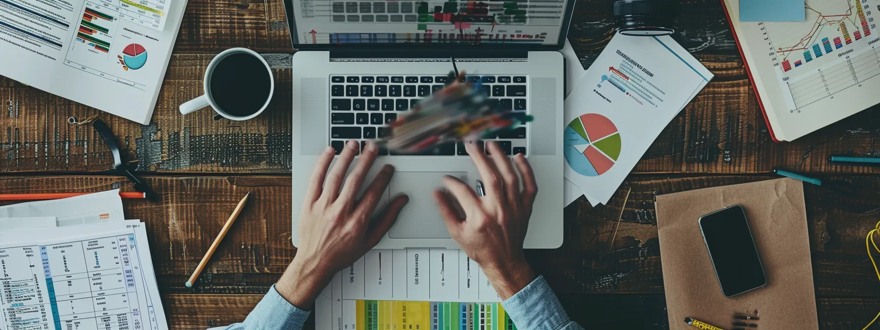 a person conducting keyword research on a laptop, surrounded by notes and charts, with a focused and determined expression.