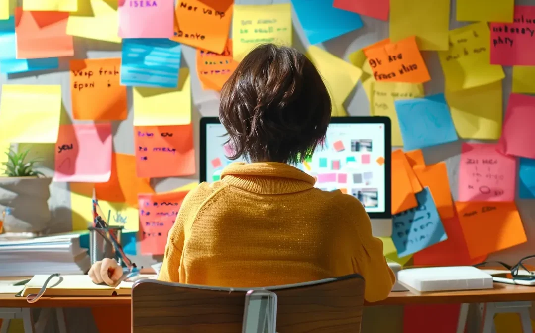 a person sitting at a desk surrounded by colorful sticky notes with local seo keywords written on them.