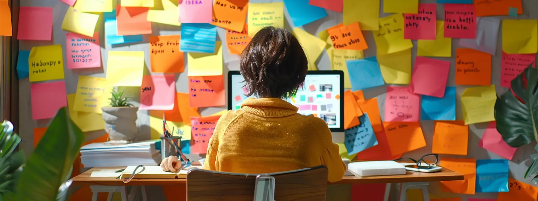 a person sitting at a desk surrounded by colorful sticky notes with local seo keywords written on them.