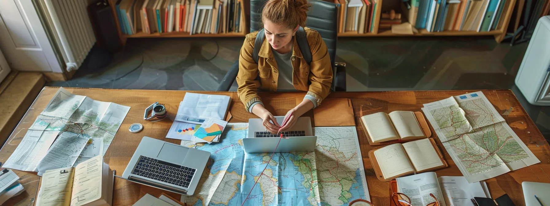 a local business owner sitting at a desk surrounded by notebooks, maps, and a laptop, planning their blog content strategy with a focused and determined expression.