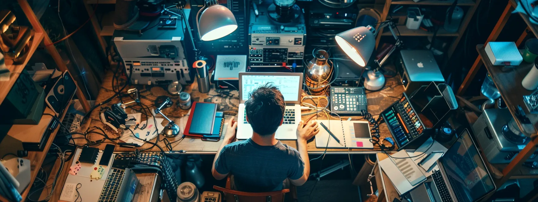 a person surrounded by various digital tools, like a laptop, smartphone, and notebooks, conducting local keyword research with focused determination.