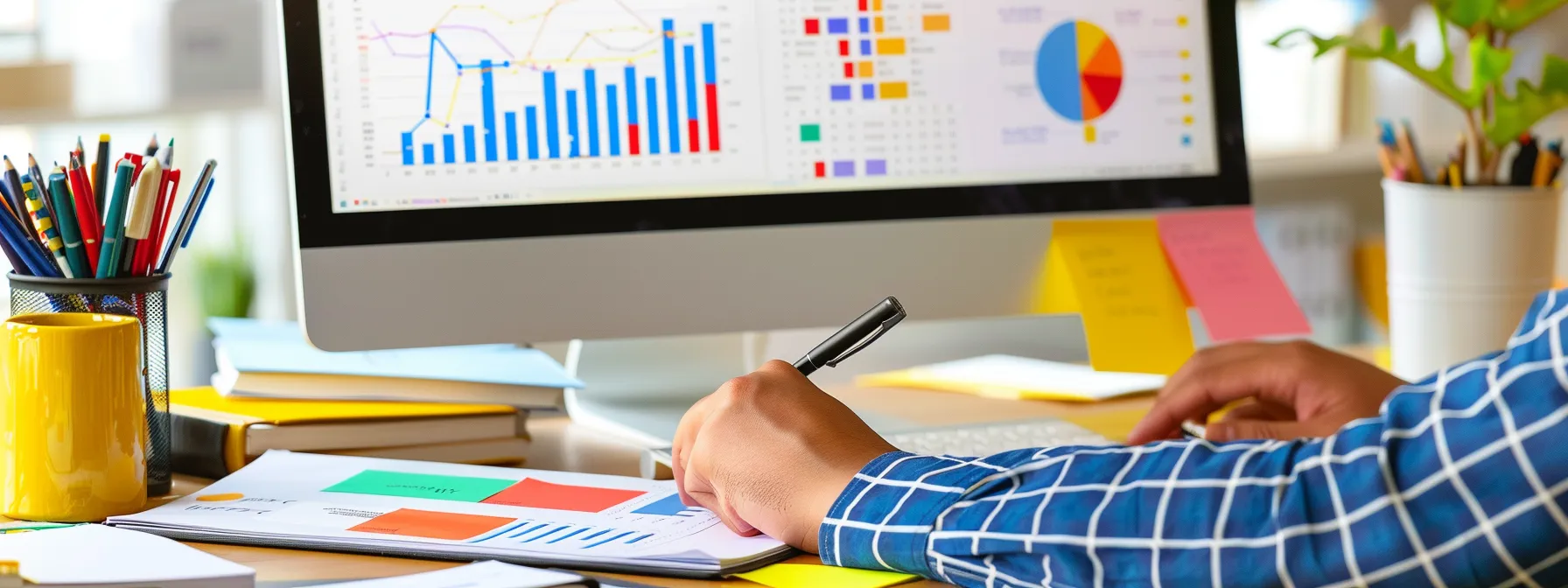 a person analyzing a detailed graph of local keyword rankings on a computer screen, with charts showing traffic sources and user engagement data, surrounded by notebooks and sticky notes filled with seo strategies and best practices.