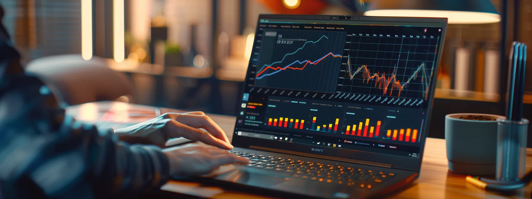 a laptop screen displaying a detailed graph showing the increase in organic traffic from long-tail keywords, with a person analyzing the data in a modern office setting.