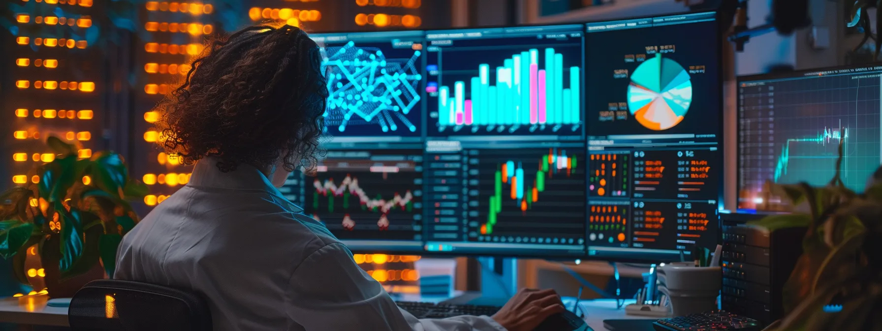 a researcher analyzing a colorful array of long-tail keywords on a computer screen, surrounded by graphs and data charts for seo optimization.