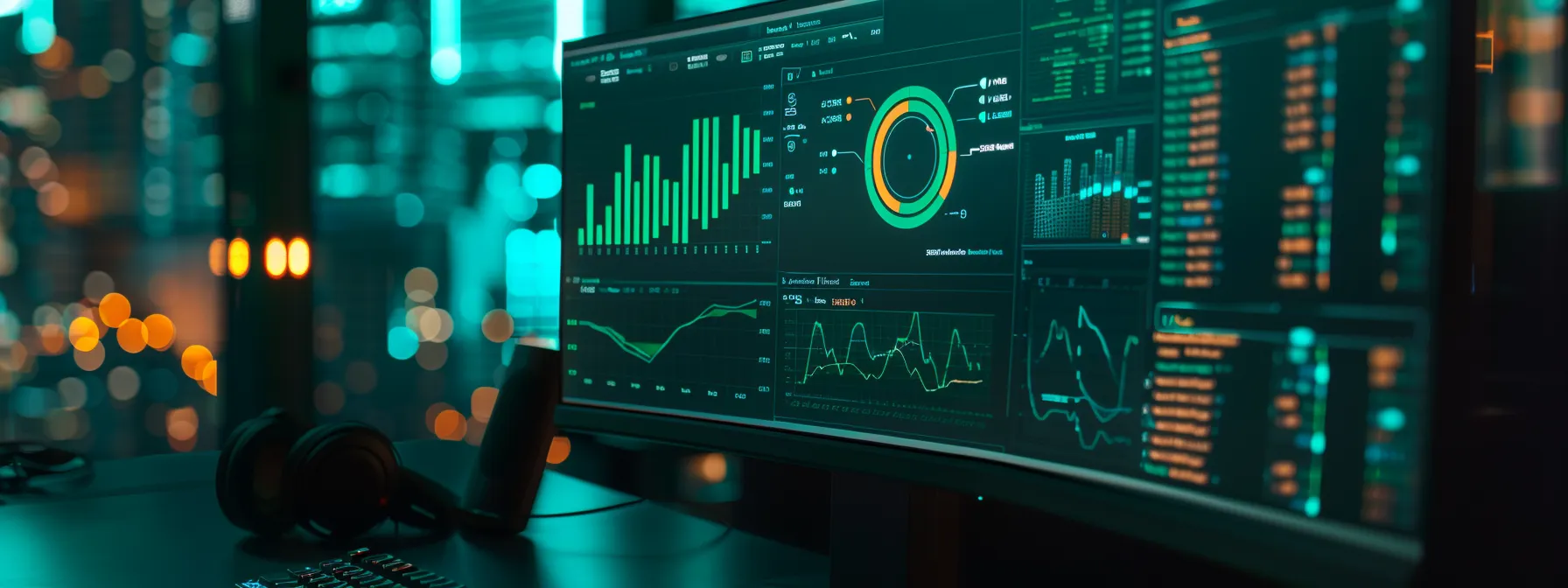 a close-up shot of a computer screen showing a keyword research tool with a long-tail keyword highlighted in green, surrounded by various analytics graphs and data charts.