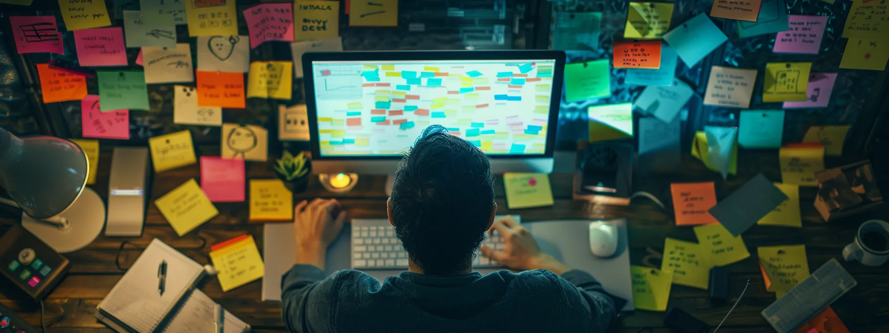 a person typing on a computer, surrounded by colorful sticky notes with long-tail keywords written on them, highlighting the strategic approach to seo.