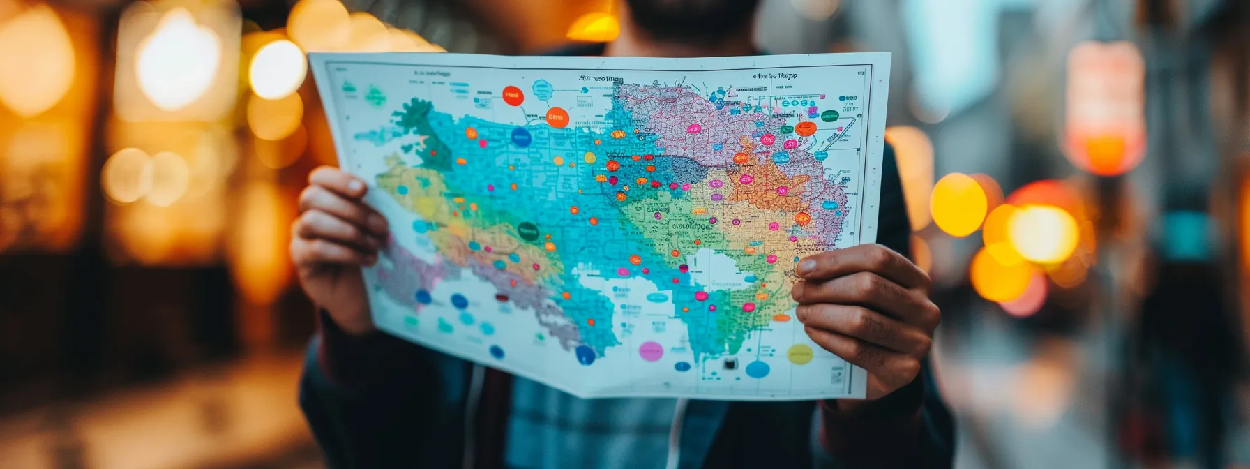 a business owner holding a map with colorful demographic data overlays, analyzing customer needs and search behavior for effective local seo strategies.