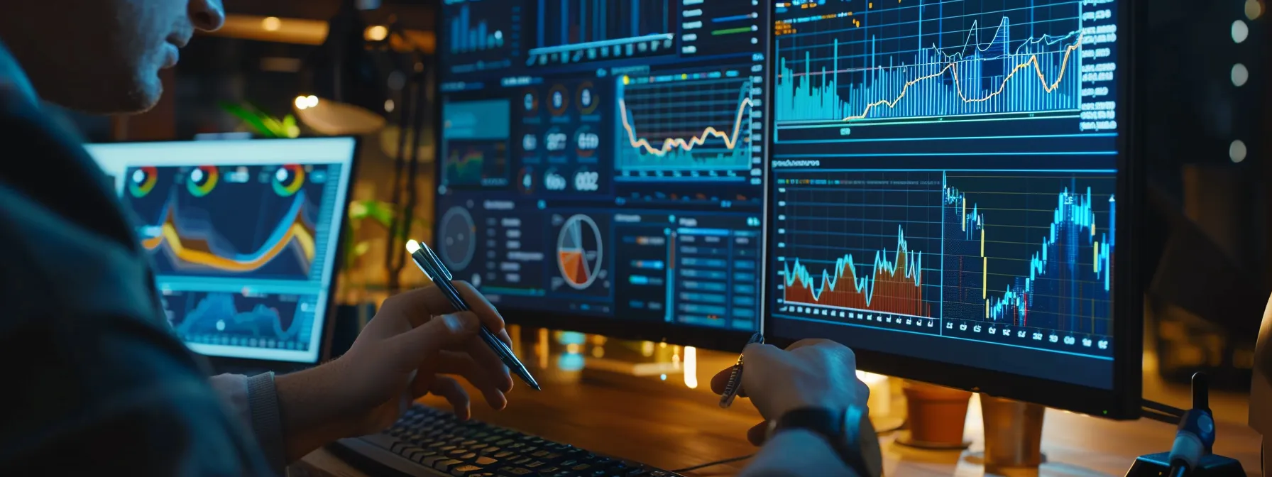 a person analyzing a computer screen displaying various metrics and data analytics, surrounded by charts and graphs, with a pen in hand ready to adjust their blogging strategies.