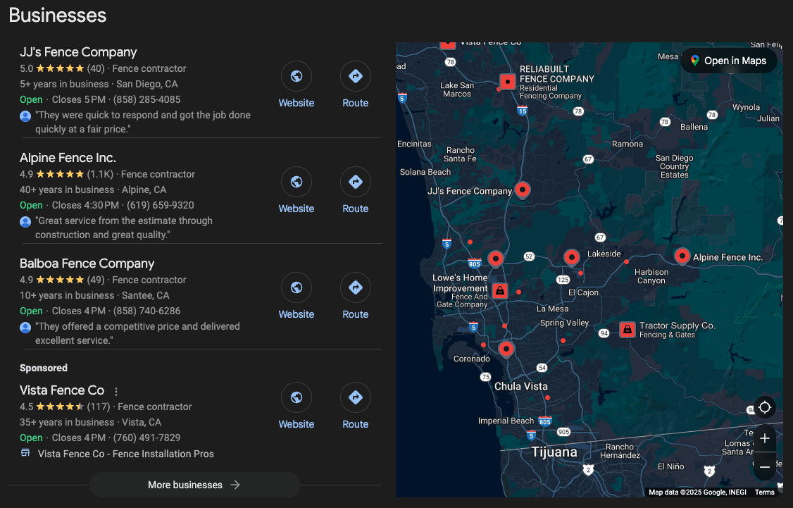 optimized google business profile image showing JJ's Fence Company at the top of the google map pack
